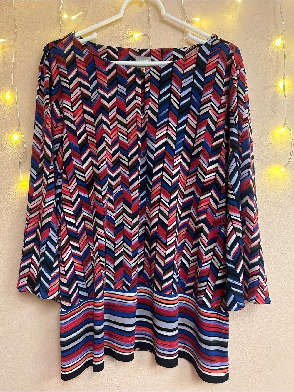 Chico's Chevron Stripe Long-Sleeve Tunic — Red, Blue & White